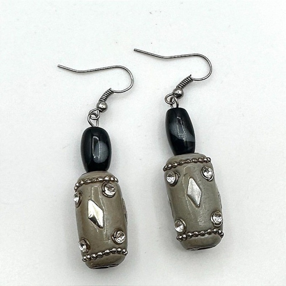 Vintage 90s‎ Silver Tone Beaded Rhinestone Dangle Earrings Women's Jewelry